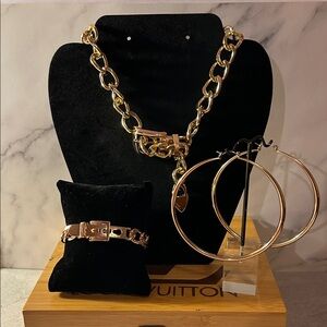 Gold Chain Necklace and Bracelet Set with Hoop Earrings